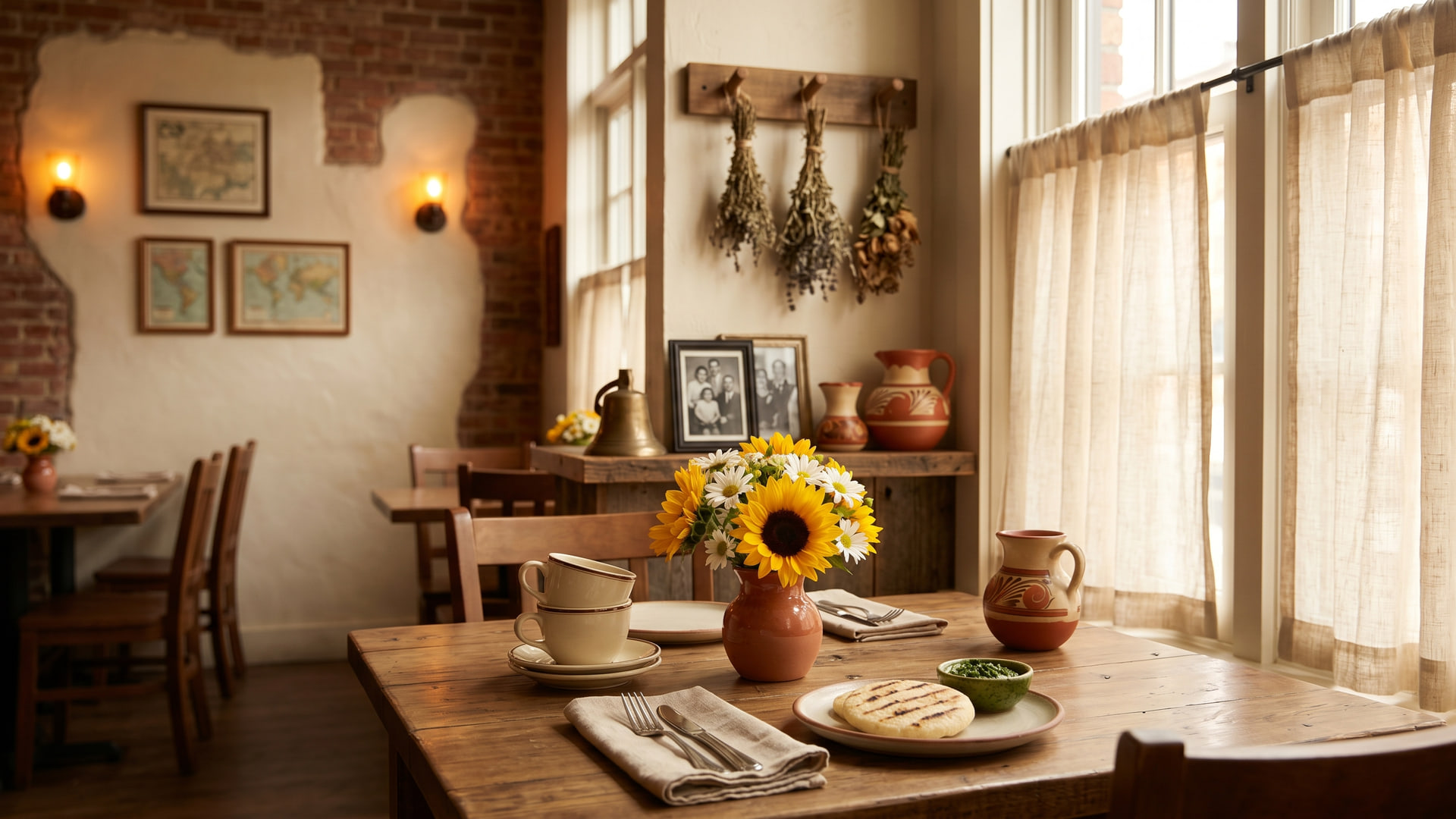 Warm welcome at Las Delicias Colombianas — sunflowers, arepa, and Colombian folk pottery on a sunlit table