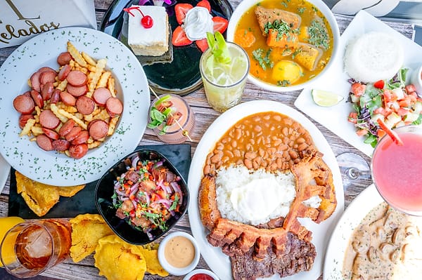 A full Colombian table spread, top-down