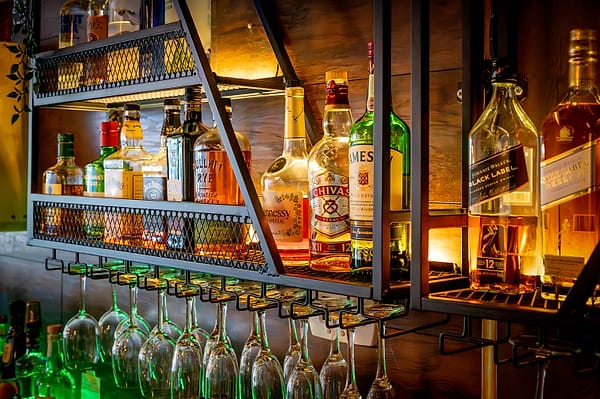Bar interior, bottle wall