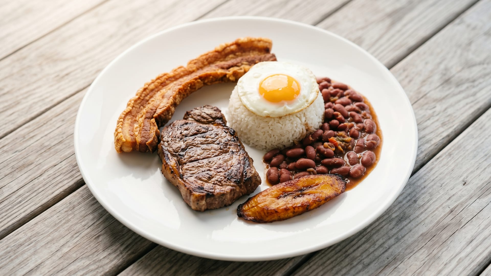 A traditional Colombian bandeja paisa plated for service