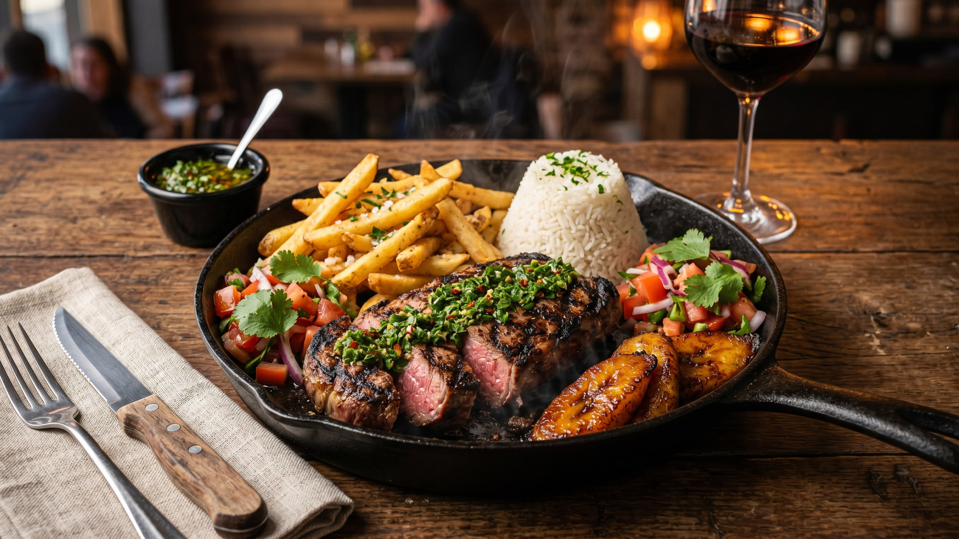Grilled sirloin steak with chimichurri, golden fries, sweet plantains, rice and tomato salad on a cast-iron skillet