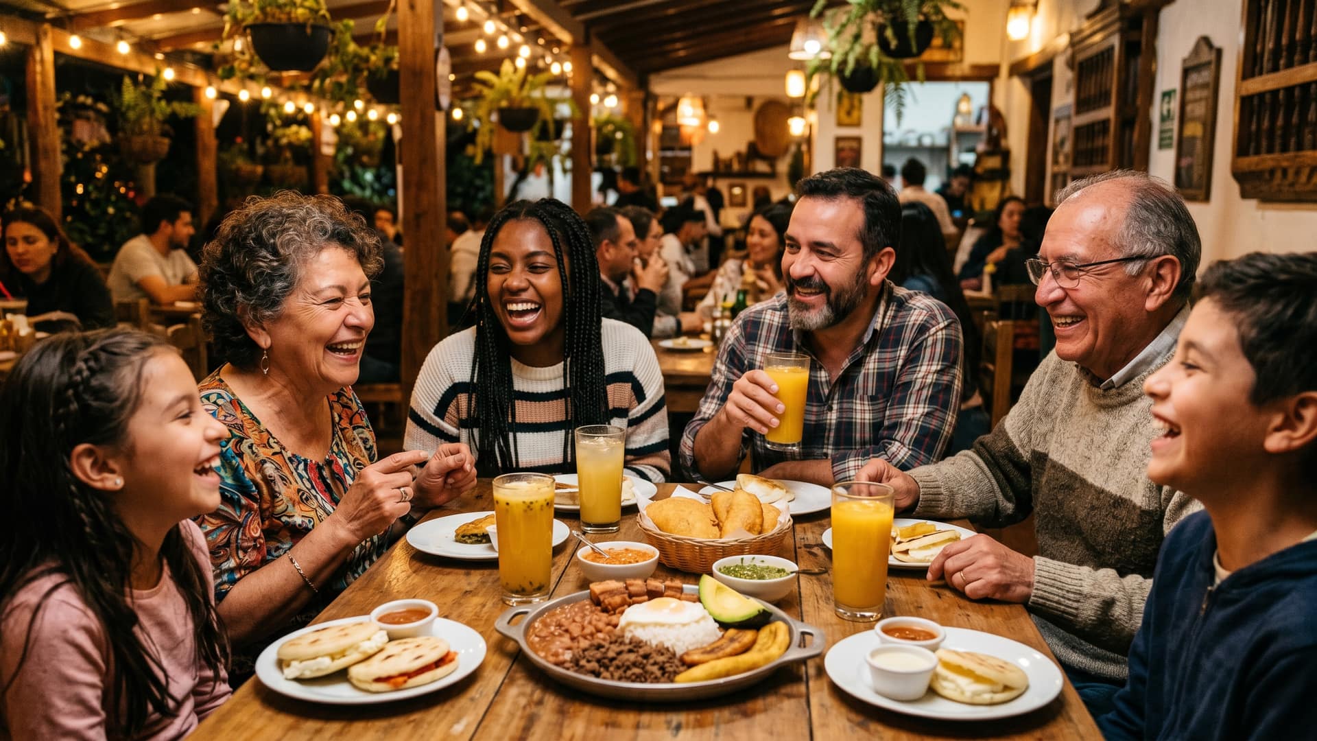 Multi-generational family laughing together over Colombian food at Las Delicias Colombianas